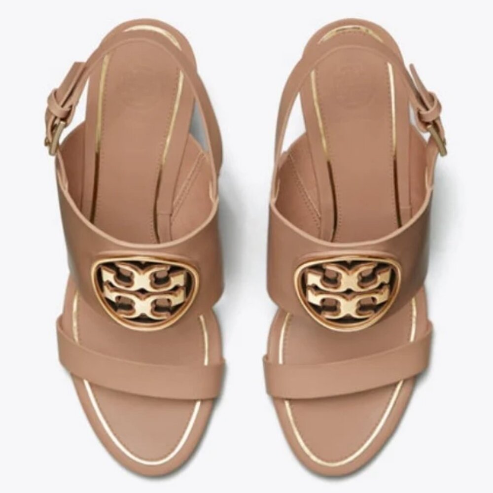 Tory Burch Neutral Blush Leather Wedge Sandals with Gold Logo - Picture 2 of 13